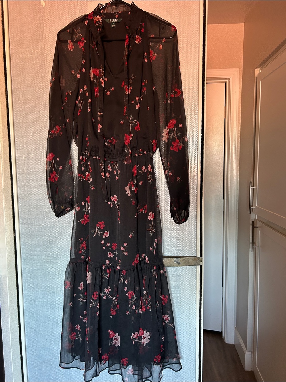 Lauren Ralph Lauren Black Midi Dress with Red and Pink Floral Print